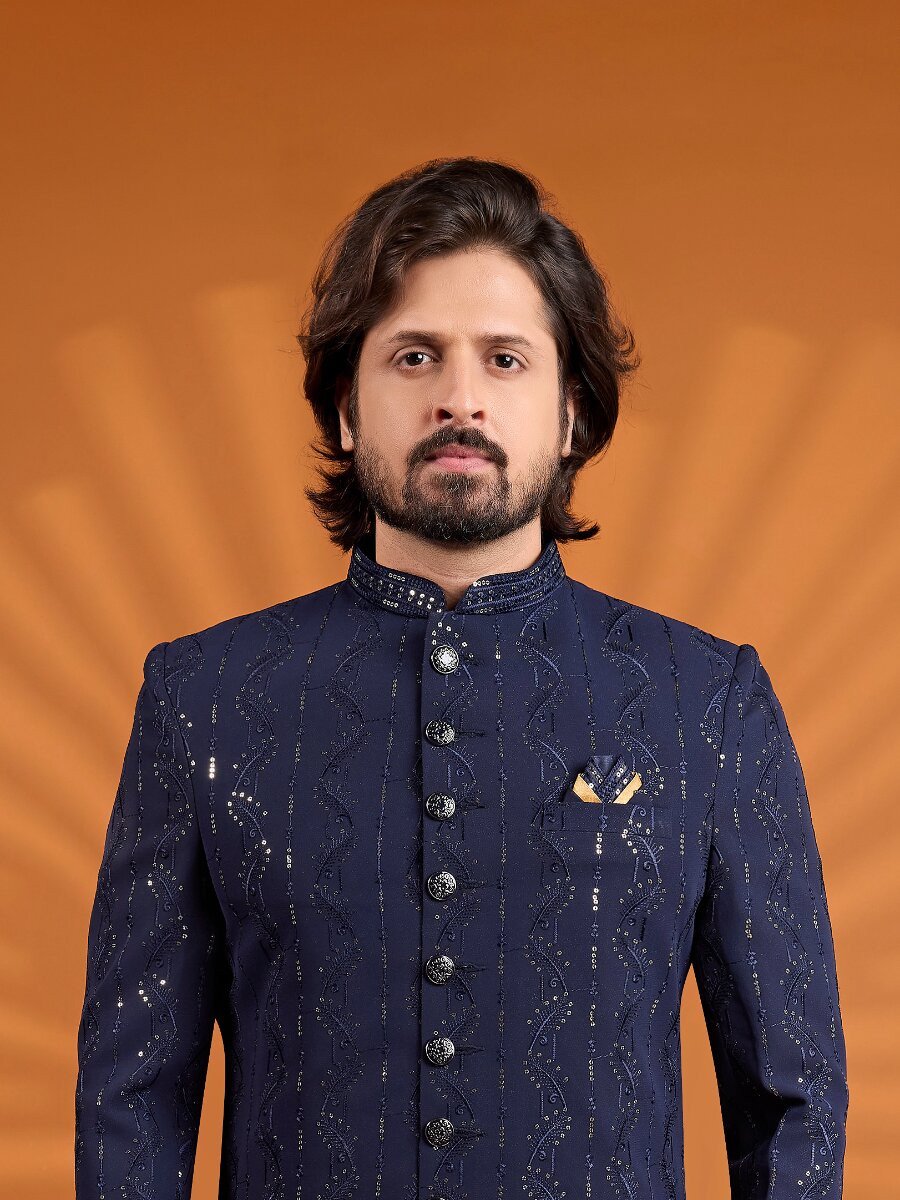 Navy Blue Georgette Embroidered Computer Thread work Wedding Party Festival Groom Sherwani