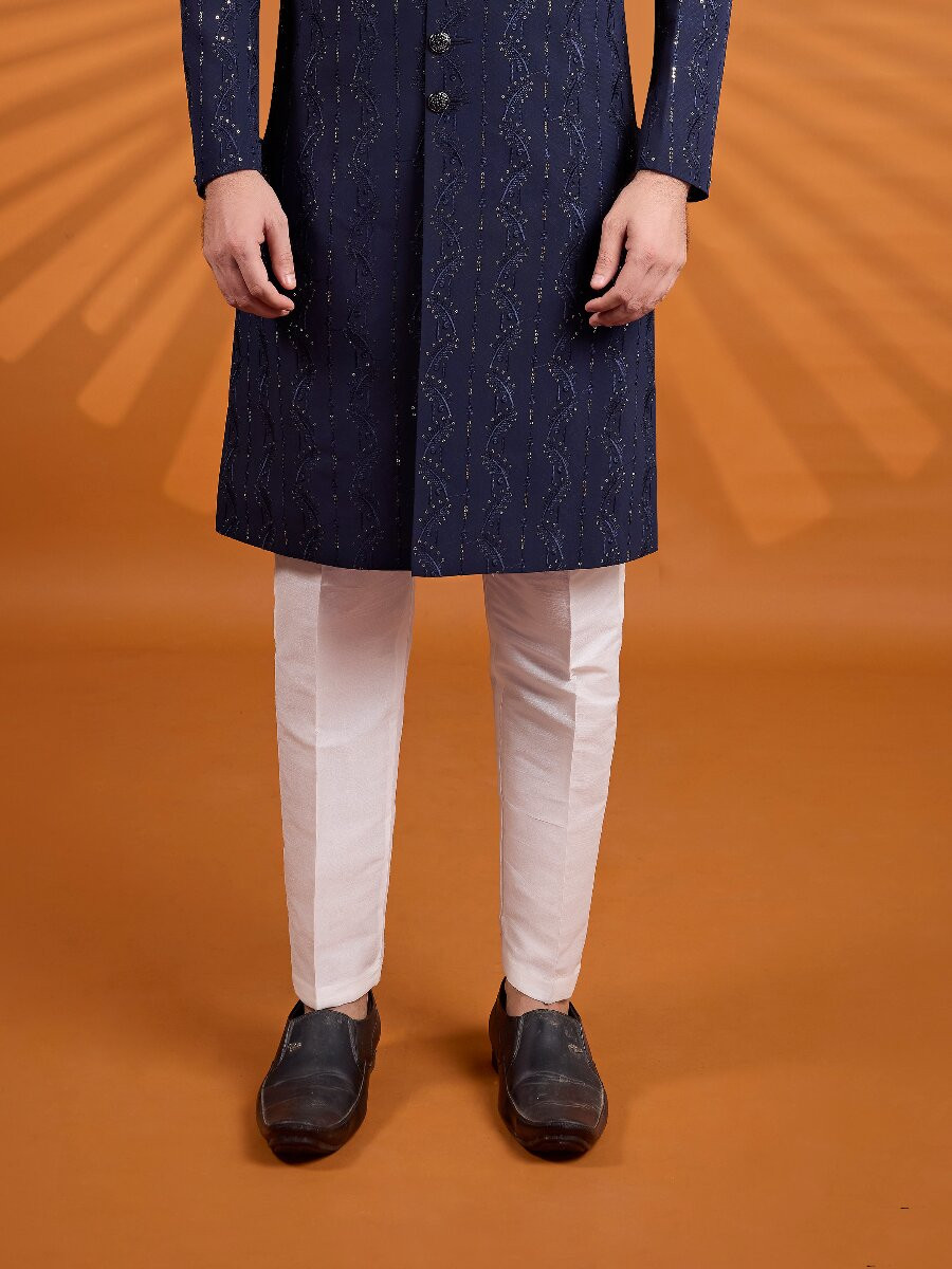 Navy Blue Georgette Embroidered Computer Thread work Wedding Party Festival Groom Sherwani