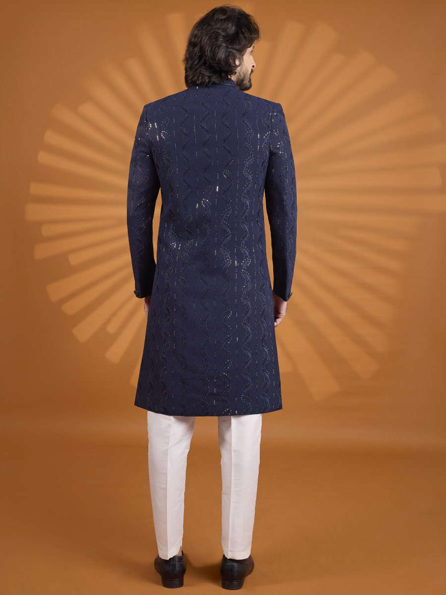 Navy Blue Georgette Embroidered Computer Thread work Wedding Party Festival Groom Sherwani