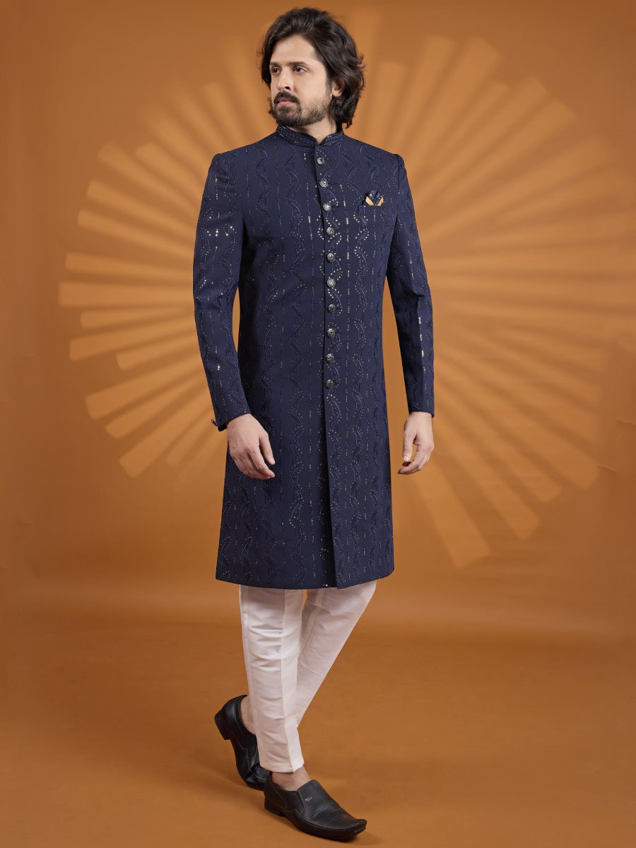 Navy Blue Georgette Embroidered Computer Thread work Wedding Party Festival Groom Sherwani