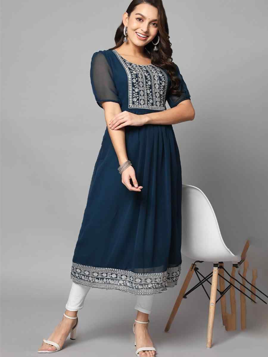 Navy Blue Georgette Embroidered Festival Casual Kurti