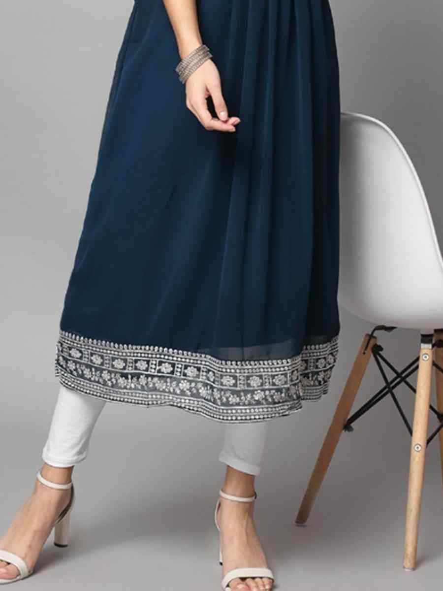 Navy Blue Georgette Embroidered Festival Casual Kurti