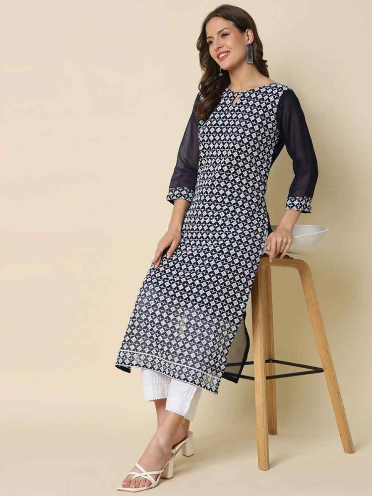 Navy Blue Georgette Embroidered Festival Casual Kurti