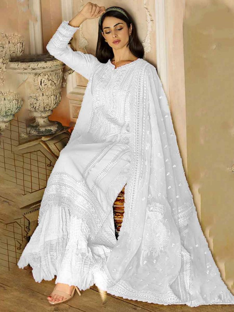 White Georgette Embroidered Festival Mehendi Pant Salwar Kameez