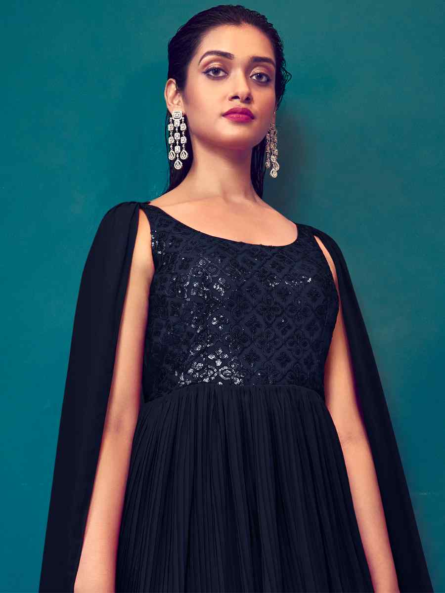 Navy Blue Georgette Embroidered Festival Party Gown