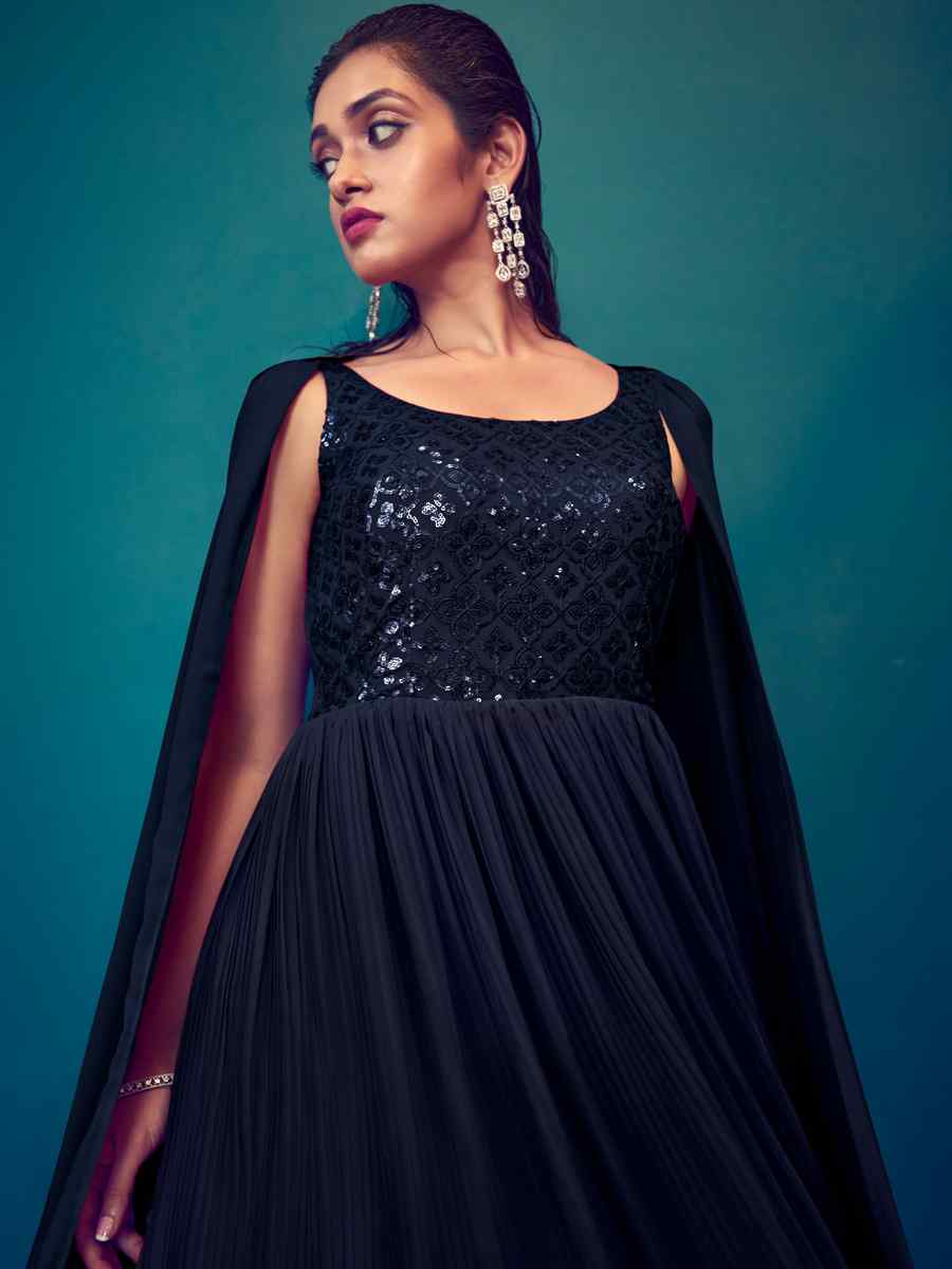 Navy Blue Georgette Embroidered Festival Party Gown