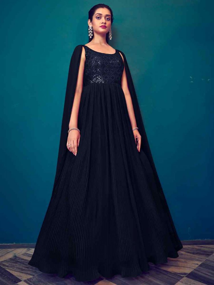 Navy Blue Georgette Embroidered Festival Party Gown