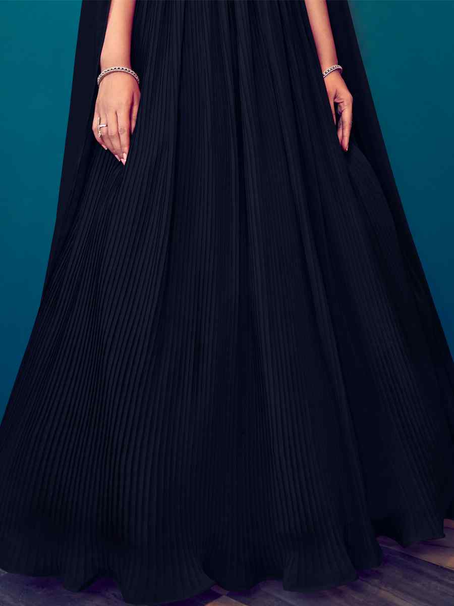 Navy Blue Georgette Embroidered Festival Party Gown