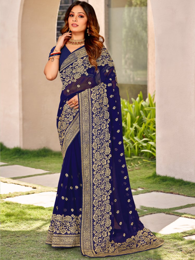 Navy Blue Georgette Embroidered Festival Party Heavy Border Saree