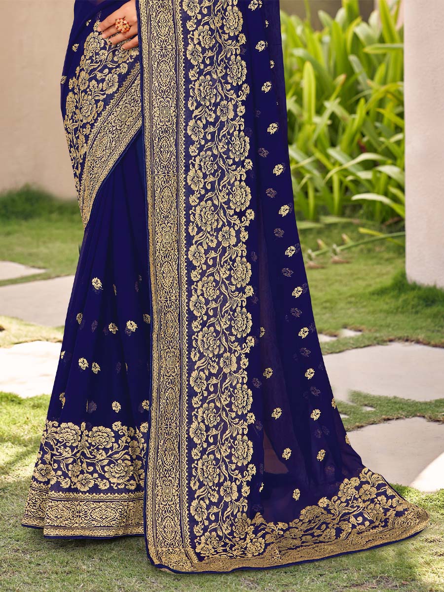 Navy Blue Georgette Embroidered Festival Party Heavy Border Saree