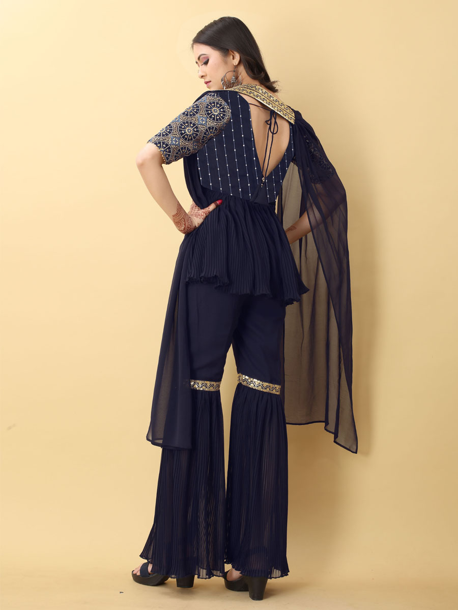 Navy Blue Georgette Embroidered Festival Party Ready Palazzo Pant Salwar Kameez