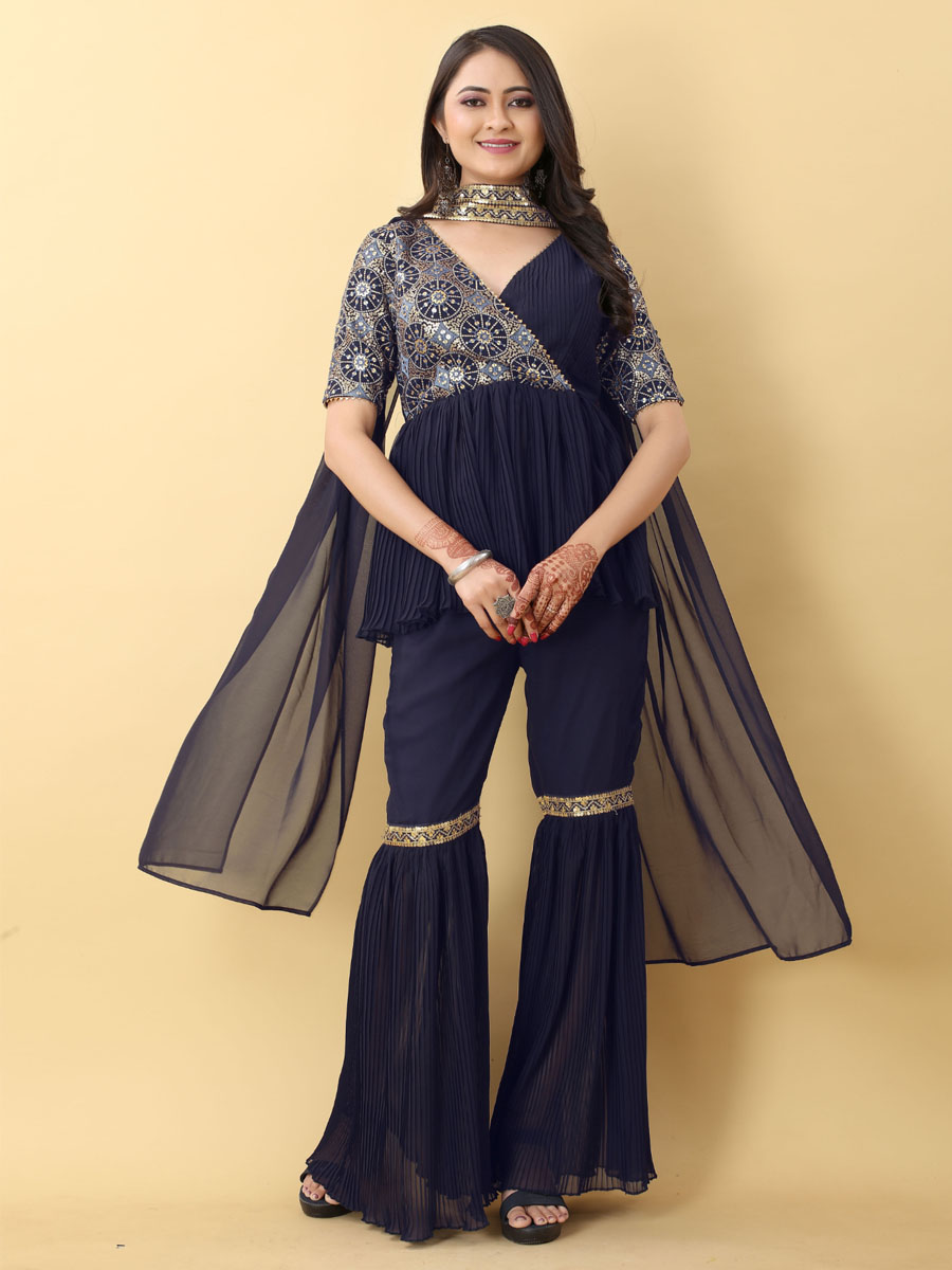 Navy Blue Georgette Embroidered Festival Party Ready Palazzo Pant Salwar Kameez