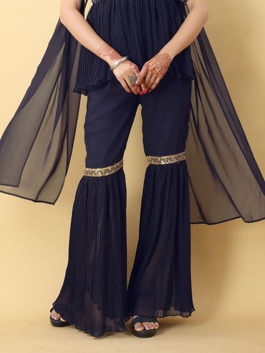 Navy Blue Georgette Embroidered Festival Party Ready Palazzo Pant Salwar Kameez