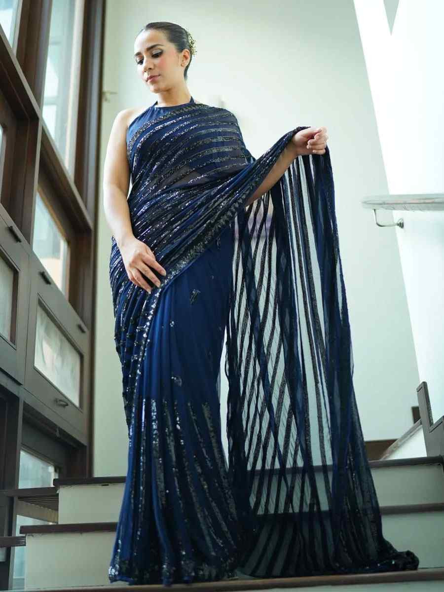 Navy Blue Georgette Embroidered Festival Wedding Fancy Heavy Border Saree