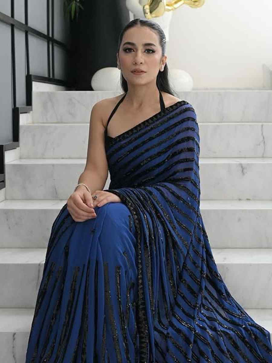 Navy Blue Georgette Embroidered Festival Wedding Fancy Heavy Border Saree