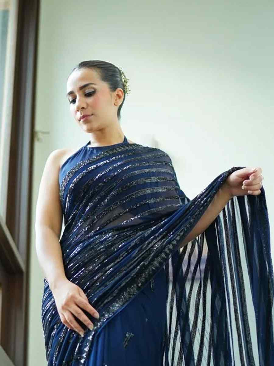 Navy Blue Georgette Embroidered Festival Wedding Fancy Heavy Border Saree