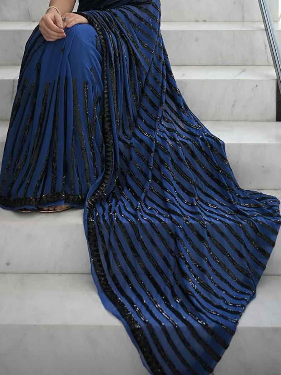 Navy Blue Georgette Embroidered Festival Wedding Fancy Heavy Border Saree