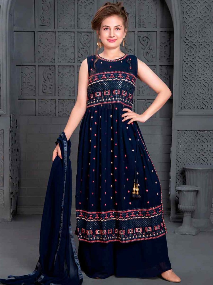 Navy blue Georgette Embroidered Festival Wedding Kurta Sharara Girls Wear