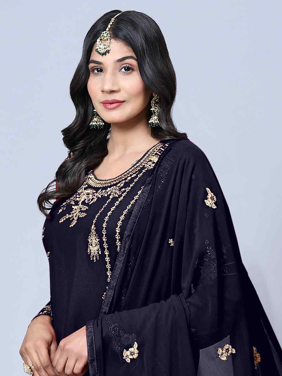 Navy Blue Georgette Embroidered Festival Wedding Pant Salwar Kameez