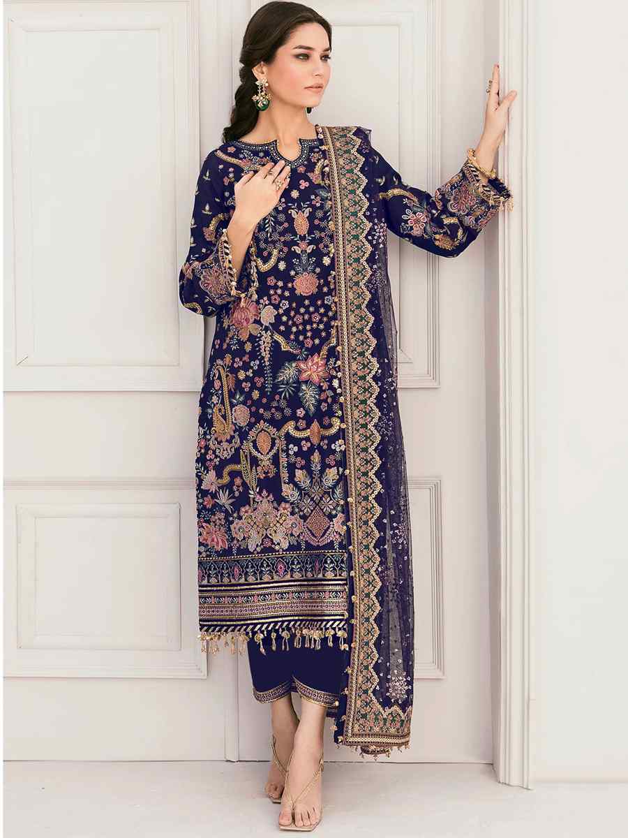 Navy Blue Georgette Embroidered Festival Wedding Pant Salwar Kameez