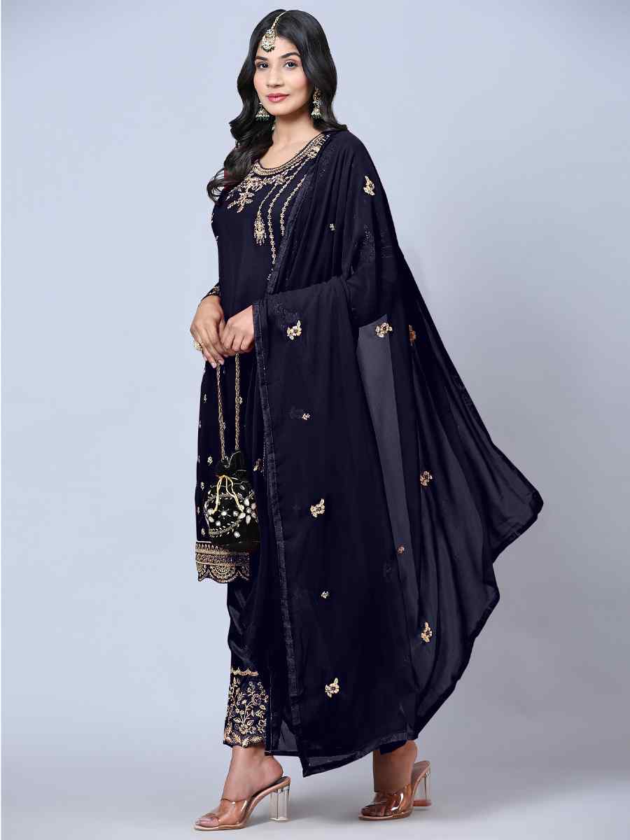 Navy Blue Georgette Embroidered Festival Wedding Pant Salwar Kameez