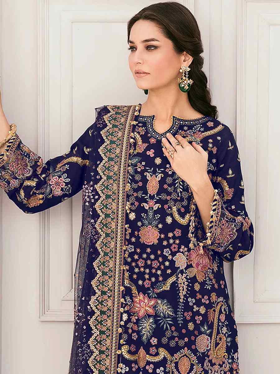 Navy Blue Georgette Embroidered Festival Wedding Pant Salwar Kameez