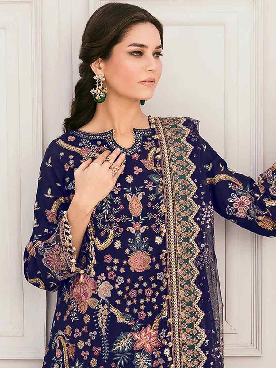 Navy Blue Georgette Embroidered Festival Wedding Pant Salwar Kameez