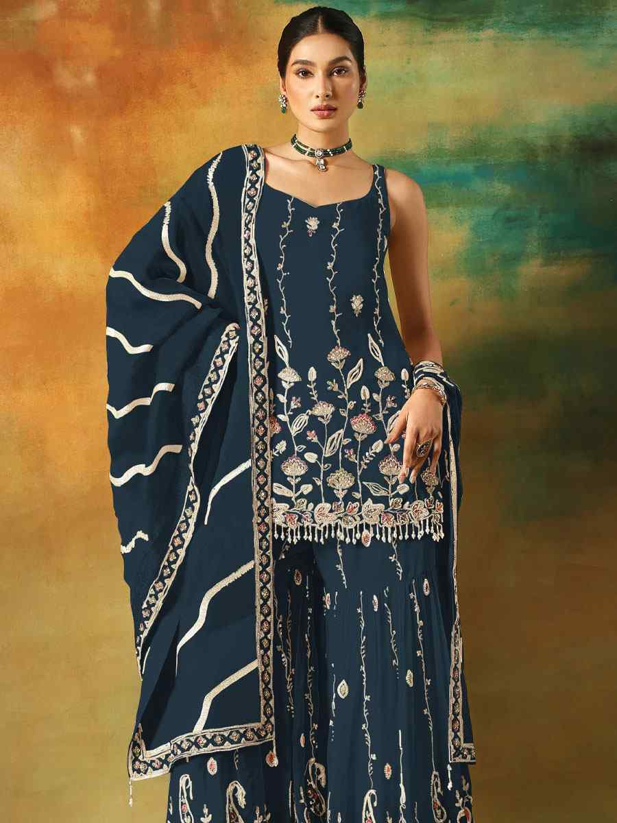 Navy Blue Georgette Embroidered Festival Wedding Sharara Pant Salwar Kameez