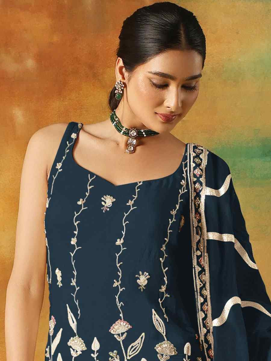 Navy Blue Georgette Embroidered Festival Wedding Sharara Pant Salwar Kameez