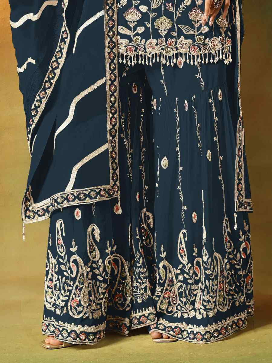 Navy Blue Georgette Embroidered Festival Wedding Sharara Pant Salwar Kameez