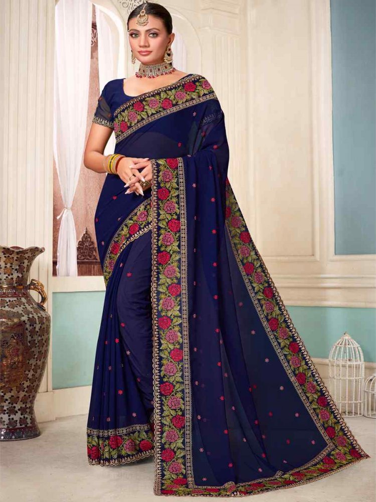 Navy Blue Georgette Embroidered Party Festival Heavy Border Saree