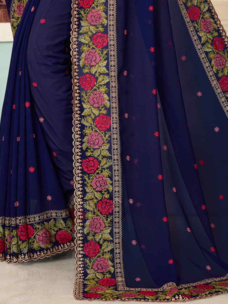 Navy Blue Georgette Embroidered Party Festival Heavy Border Saree
