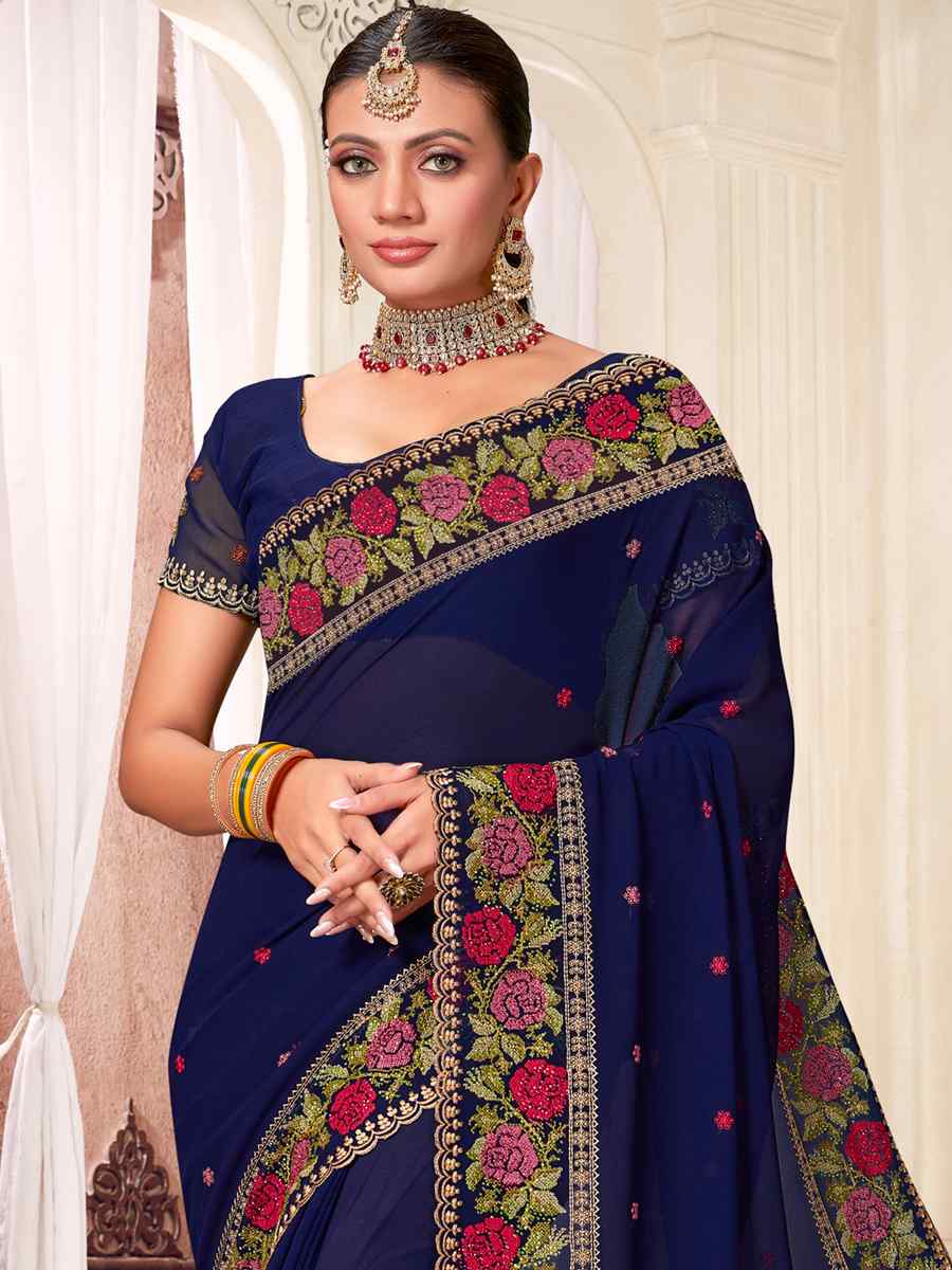 Navy Blue Georgette Embroidered Party Festival Heavy Border Saree