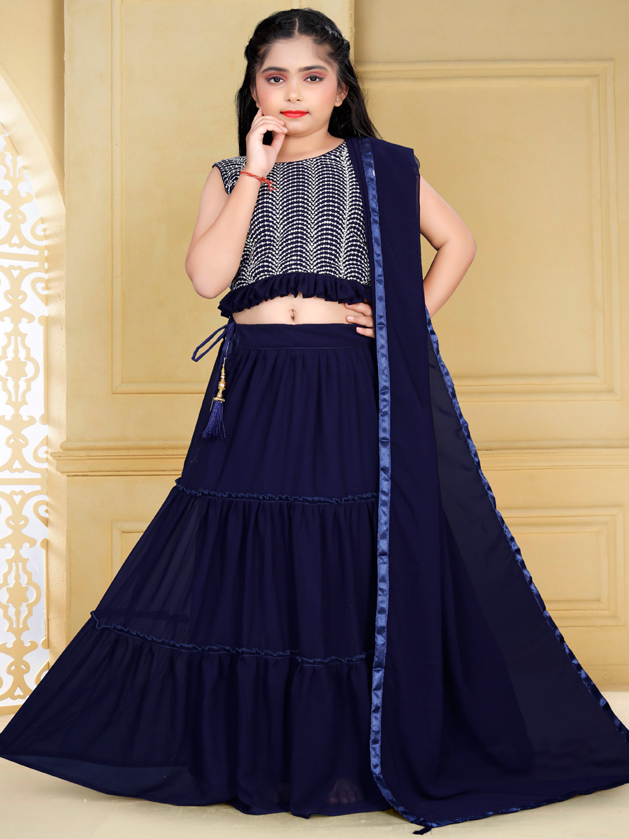 Navy Blue Georgette Embroidered Party Kids Lehenga Choli