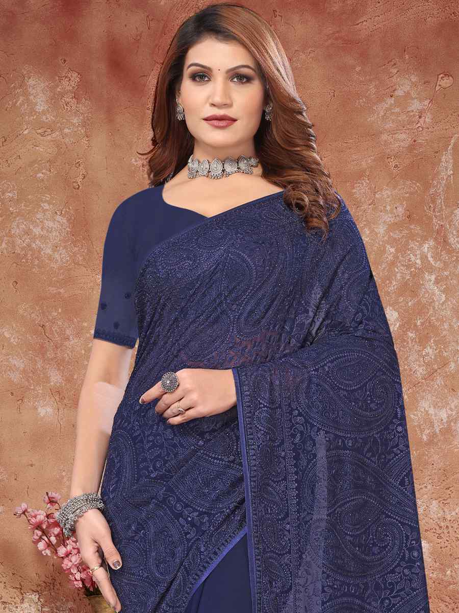 Navy Blue Georgette Embroidered Reception Party Heavy Border Saree