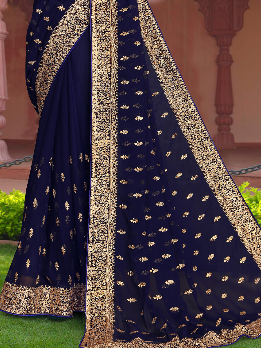 Navy Blue Georgette Embroidered Reception Party Heavy Border Saree