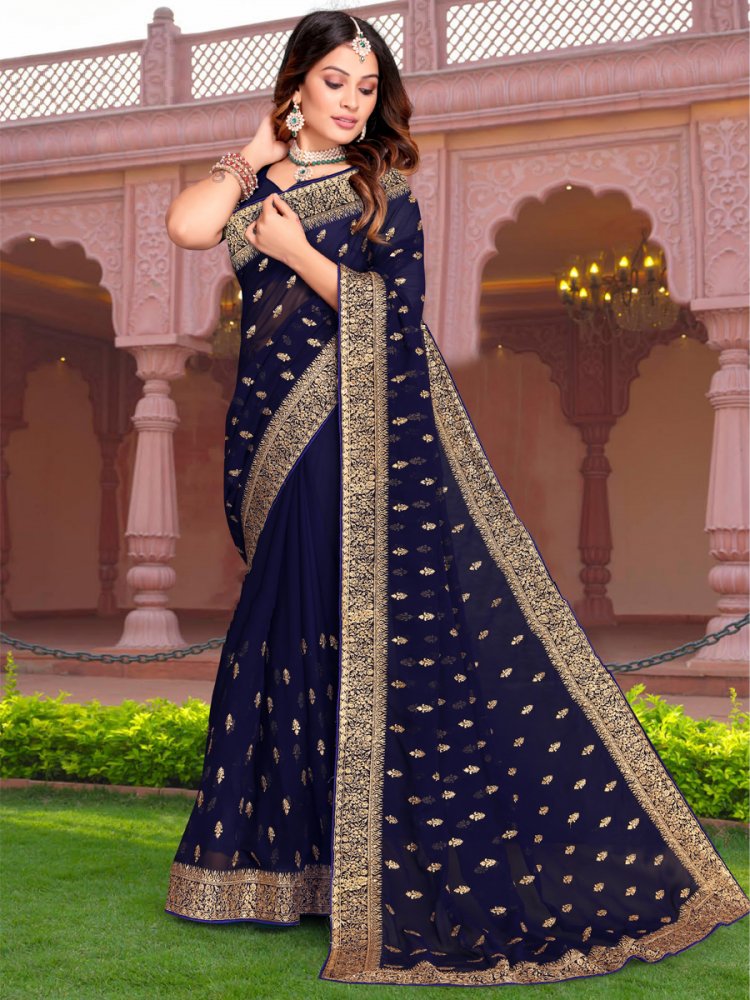 Navy Blue Georgette Embroidered Reception Party Heavy Border Saree