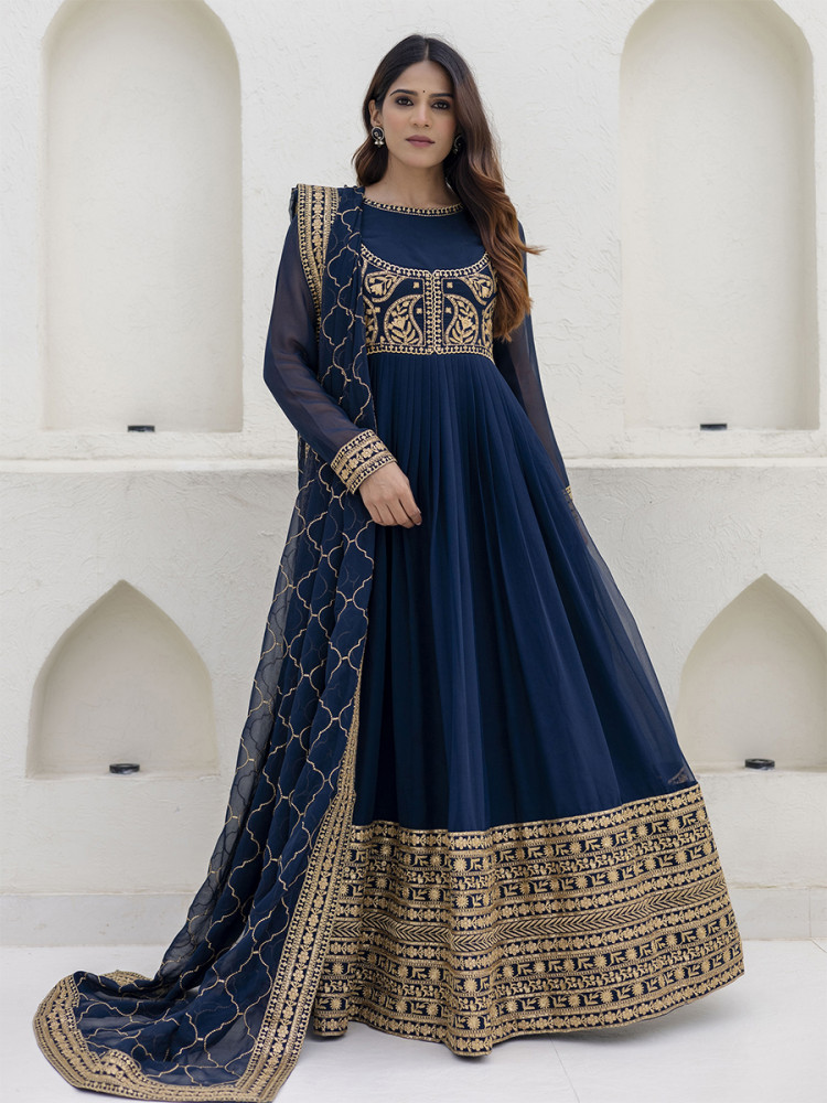 Image of Navy Blue Georgette Embroidered Wedding Festival Casual Party Wear Gown Women Wear