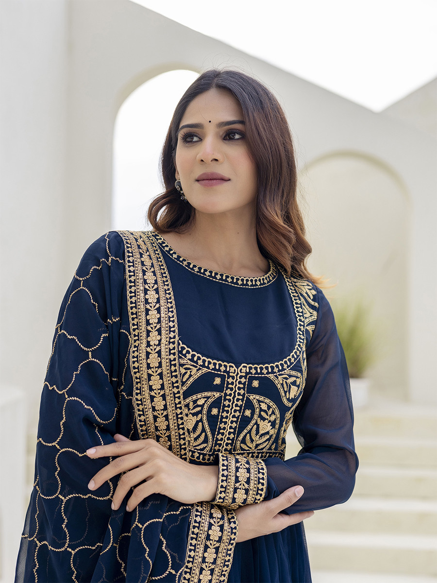 Navy Blue Georgette Embroidered Wedding Festival Casual Party Wear Gown Women Wear