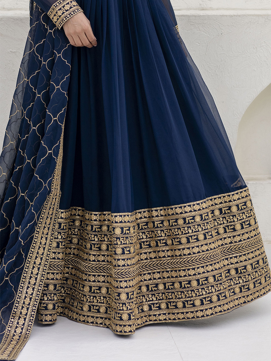 Navy Blue Georgette Embroidered Wedding Festival Casual Party Wear Gown Women Wear