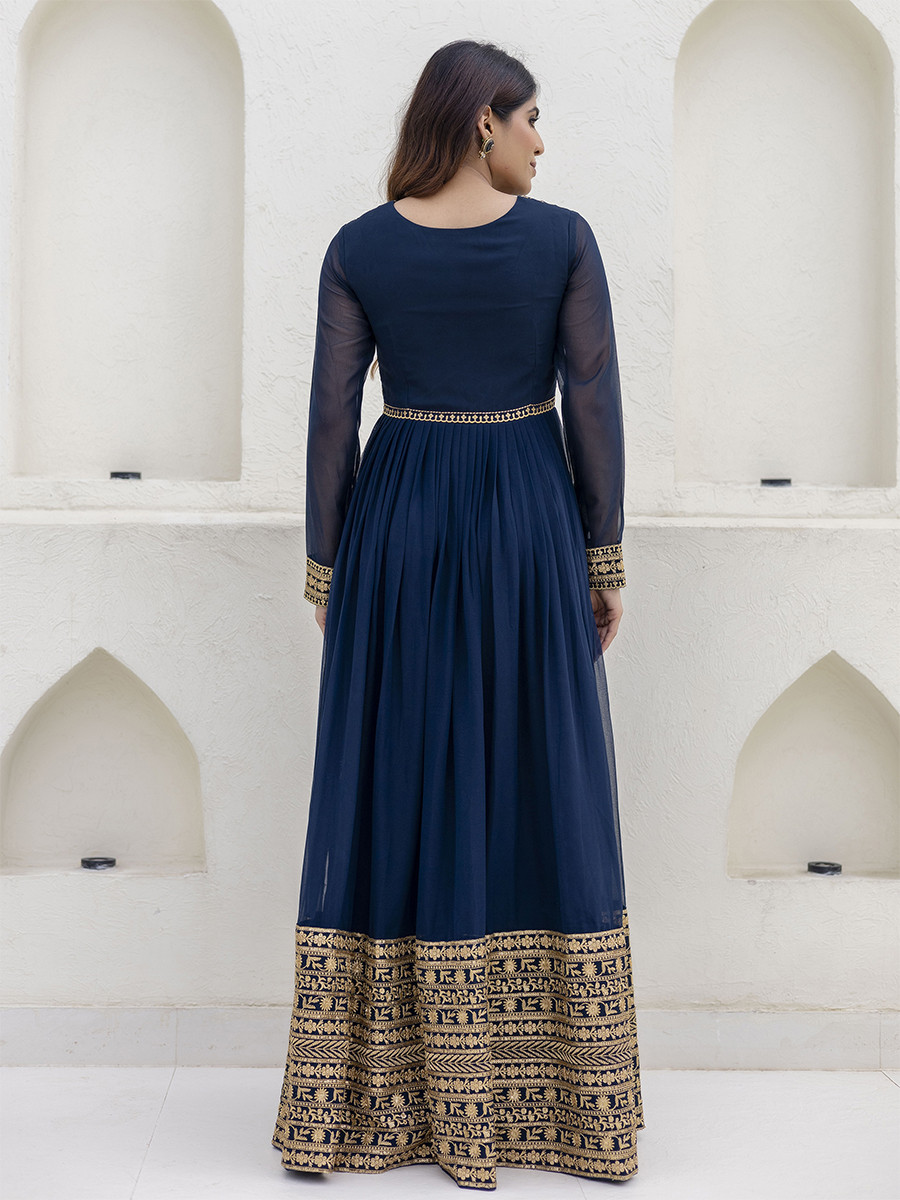 Navy Blue Georgette Embroidered Wedding Festival Casual Party Wear Gown Women Wear