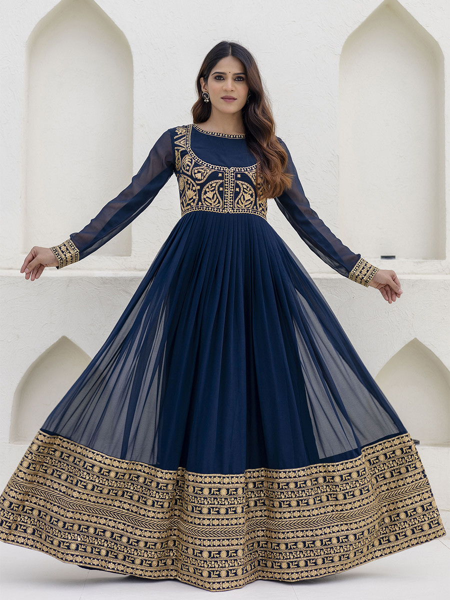 Navy Blue Georgette Embroidered Wedding Festival Casual Party Wear Gown Women Wear