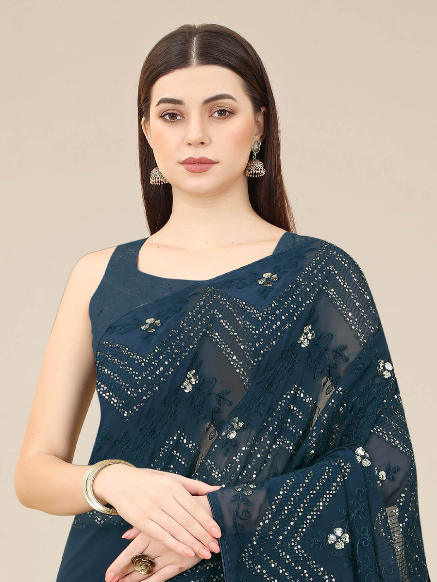 Navy Blue Georgette Embroidered Wedding Festival Classic Style Saree