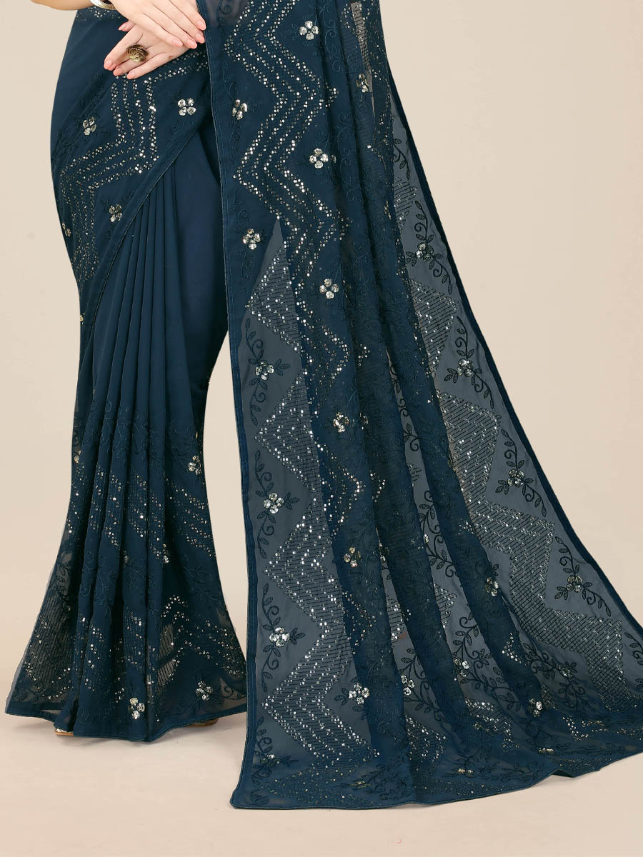 Navy Blue Georgette Embroidered Wedding Festival Classic Style Saree