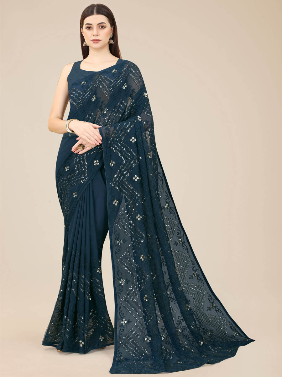Navy Blue Georgette Embroidered Wedding Festival Classic Style Saree