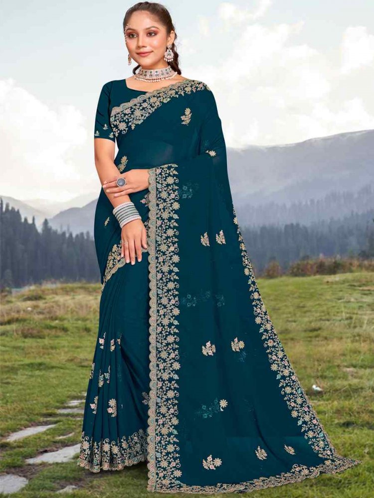 Navy Blue Georgette Embroidered Wedding Festival Heavy Border Saree