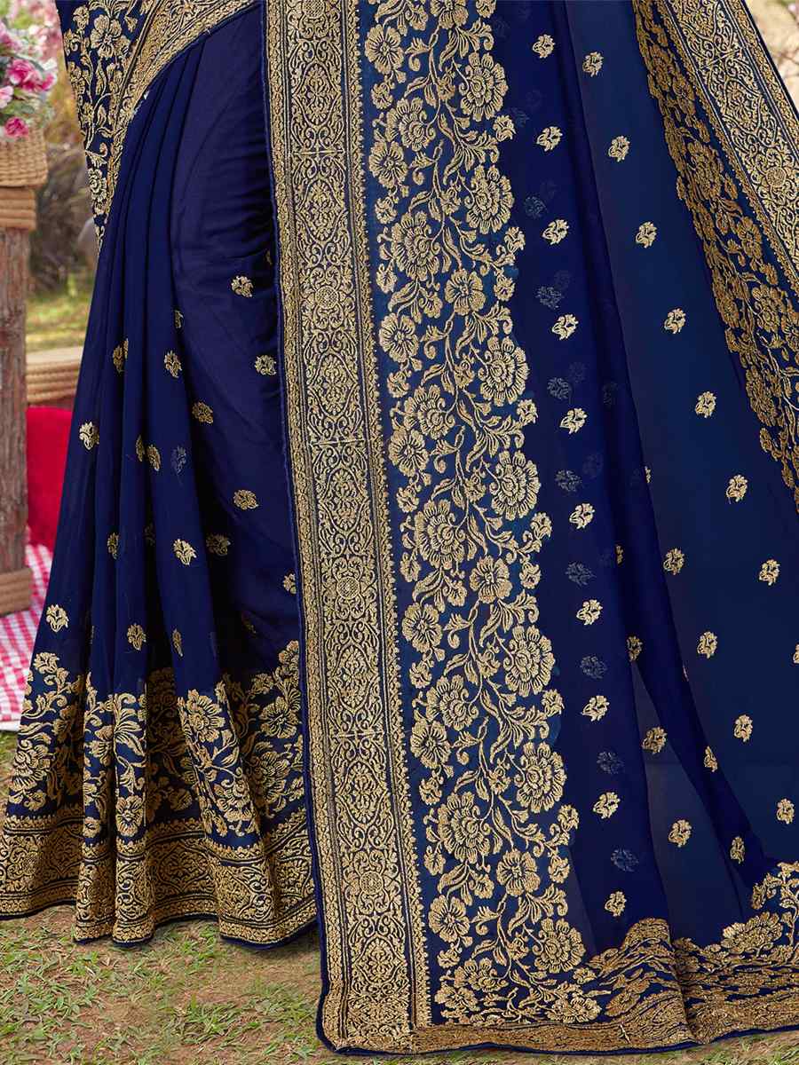 Navy Blue Georgette Embroidered Wedding Festival Heavy Border Saree