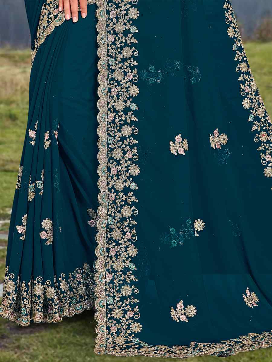 Navy Blue Georgette Embroidered Wedding Festival Heavy Border Saree