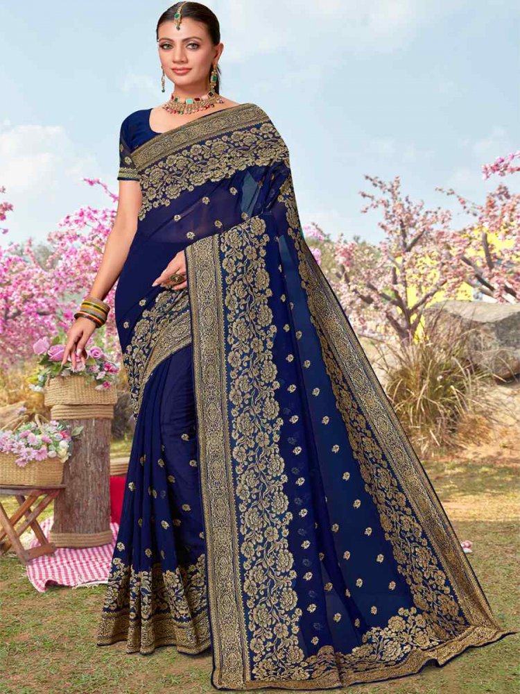 Navy Blue Georgette Embroidered Wedding Festival Heavy Border Saree