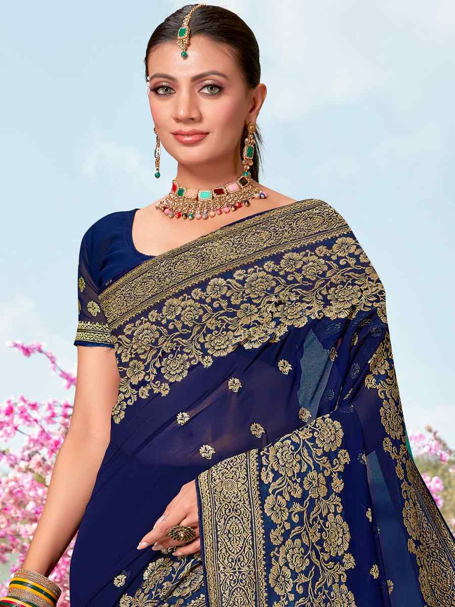 Navy Blue Georgette Embroidered Wedding Festival Heavy Border Saree
